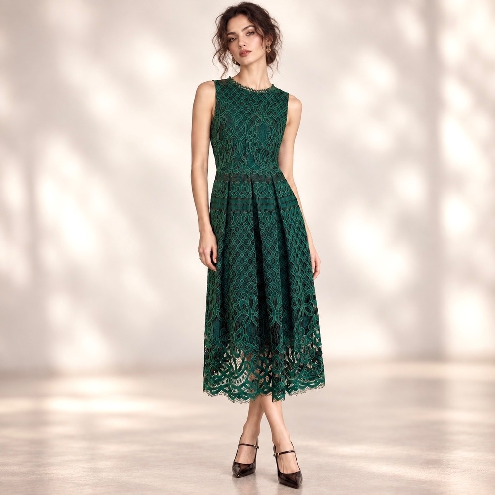 NWT VEIISAR Emerald Green Lace Midi Dress Dark Coquette Feminine Wedding Guest M